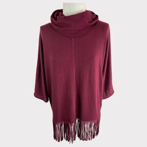 Terre Bleue Womens Medium Pull Over Cowl Neck Fringe Sweater Burgundy Red